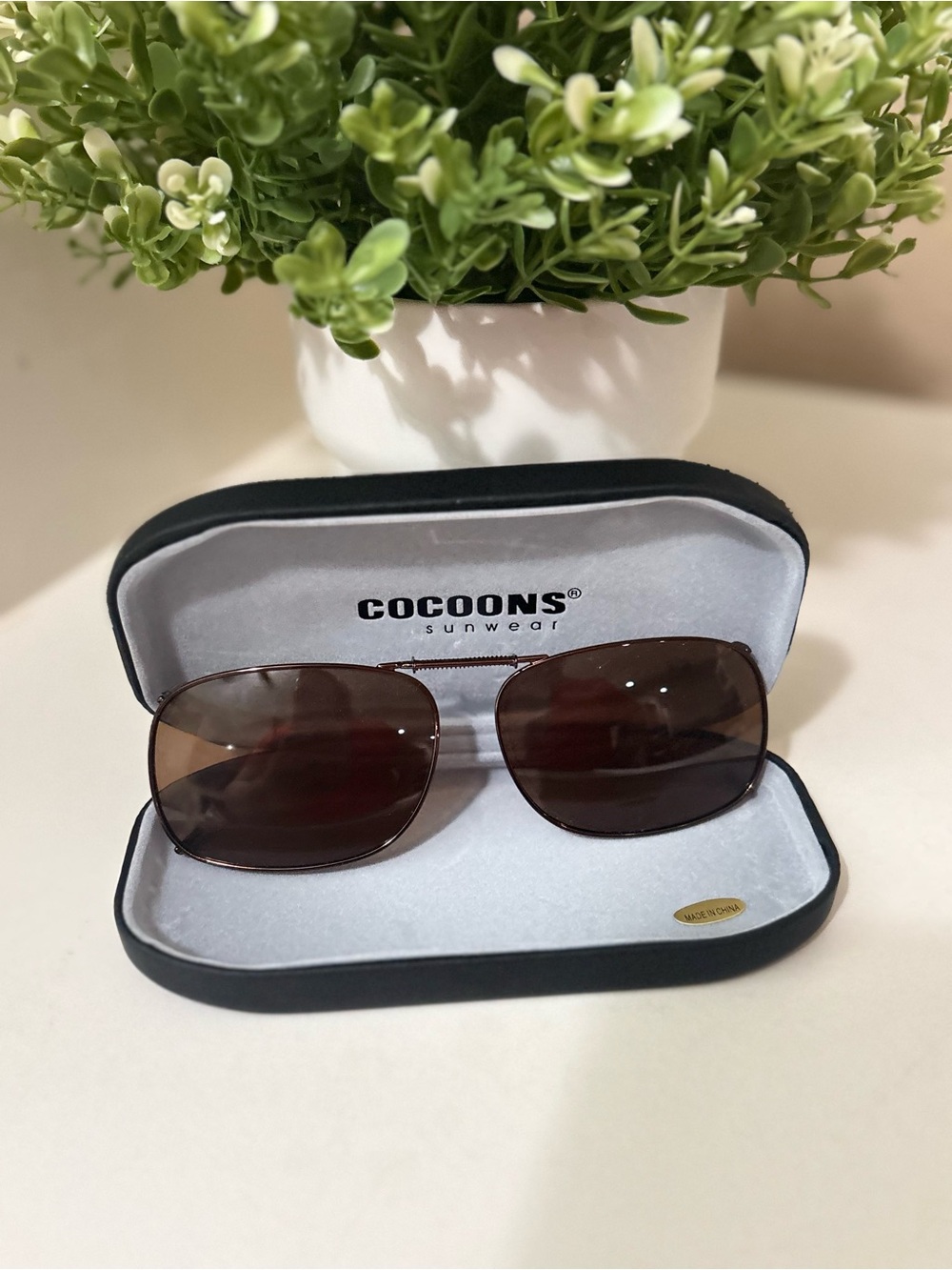 Cocoons Polarized Clip-On Sunglasses Brown Tint Rectangular with Case